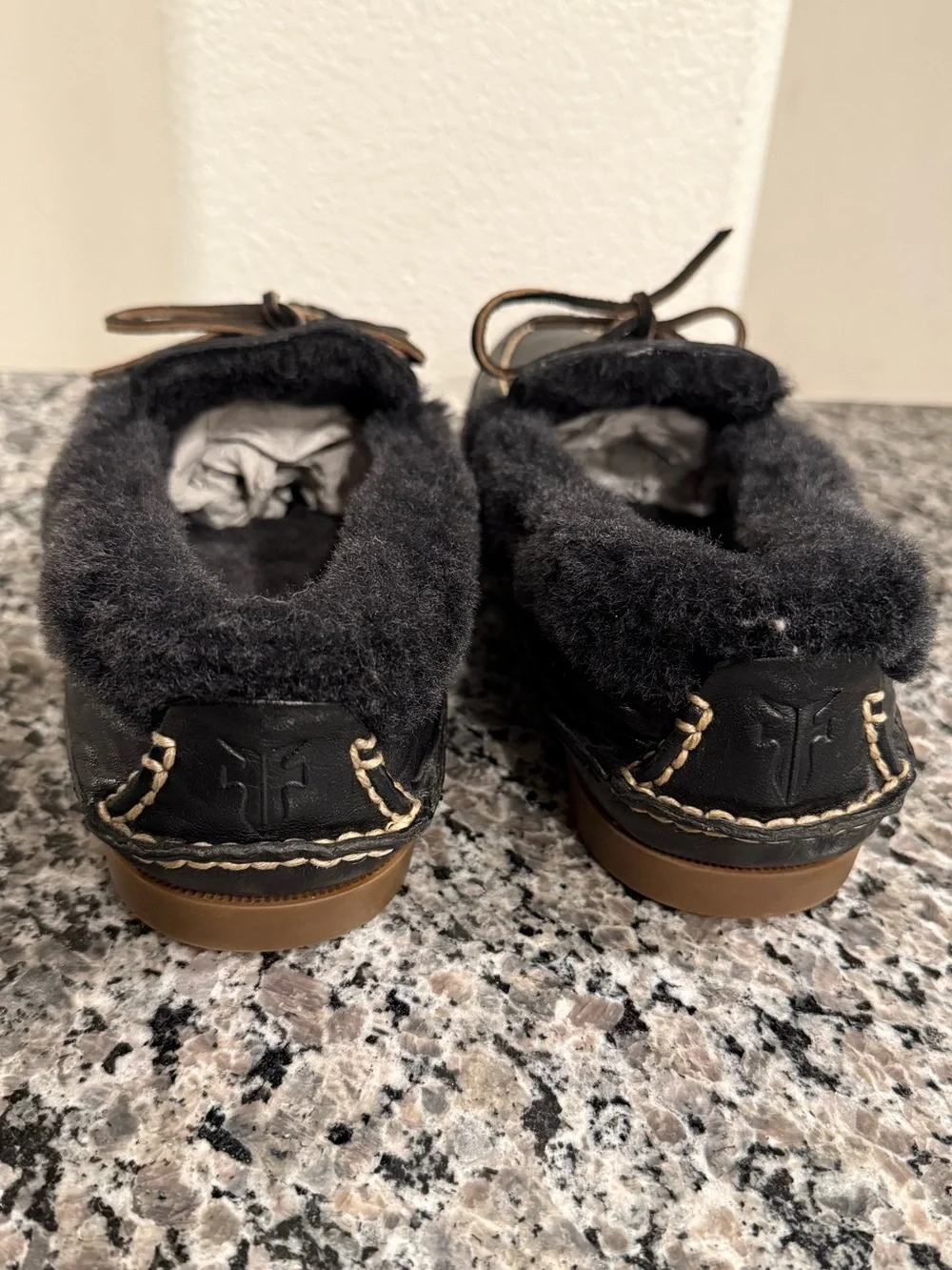 Men's Black ‘FRYE’ Leather Shearling-Lined Moccasin Slippers